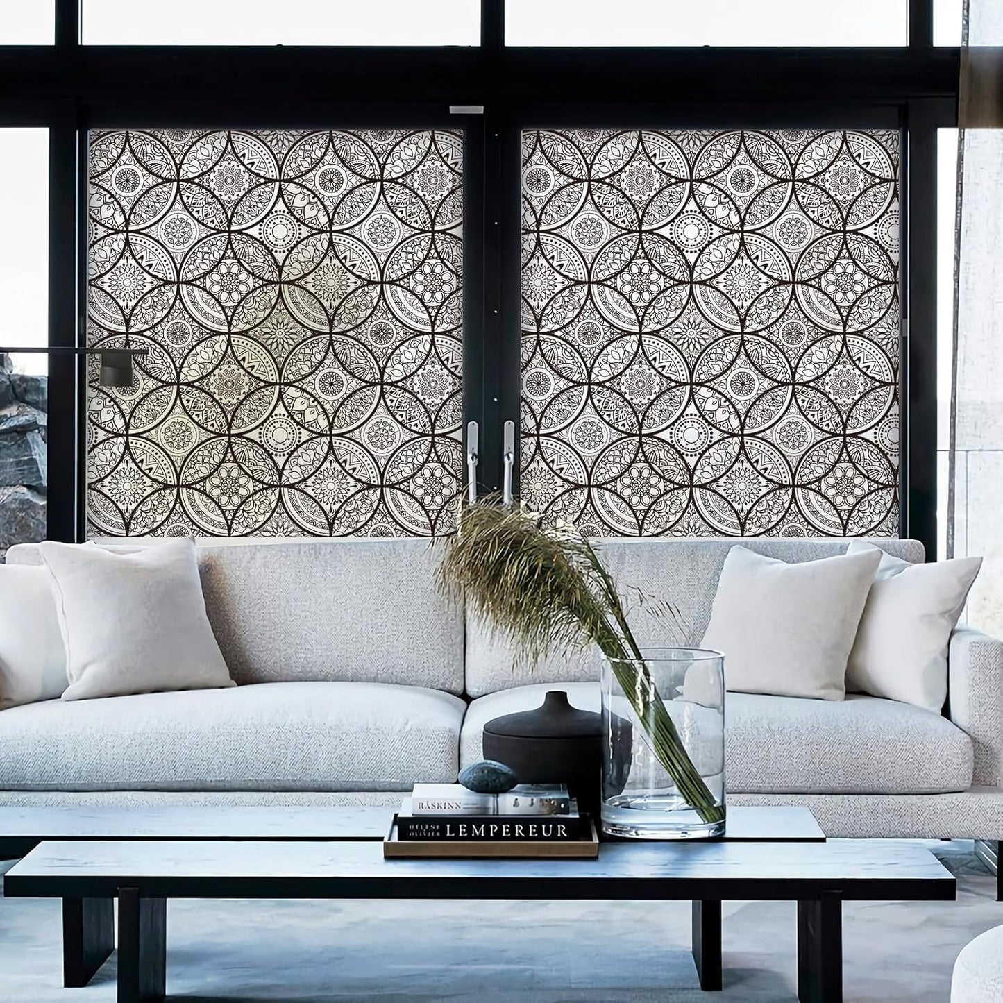 DKTIE Boho Stained Glass Look Window Privacy Film with Installation Tools, Decorative Frosted Glass Window Film Static Cling No Glue Removable, Pure Black, 35.4" x 118.1"