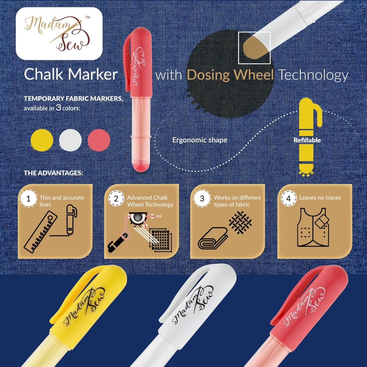 Madam Sew Fabric Chalk Markers for Sewing & Quilting | Refillable Tailors Chalk for Fabric Marking with Dosing Wheel | Ideal for Marking on Cotton, Knit, Suede [Red]