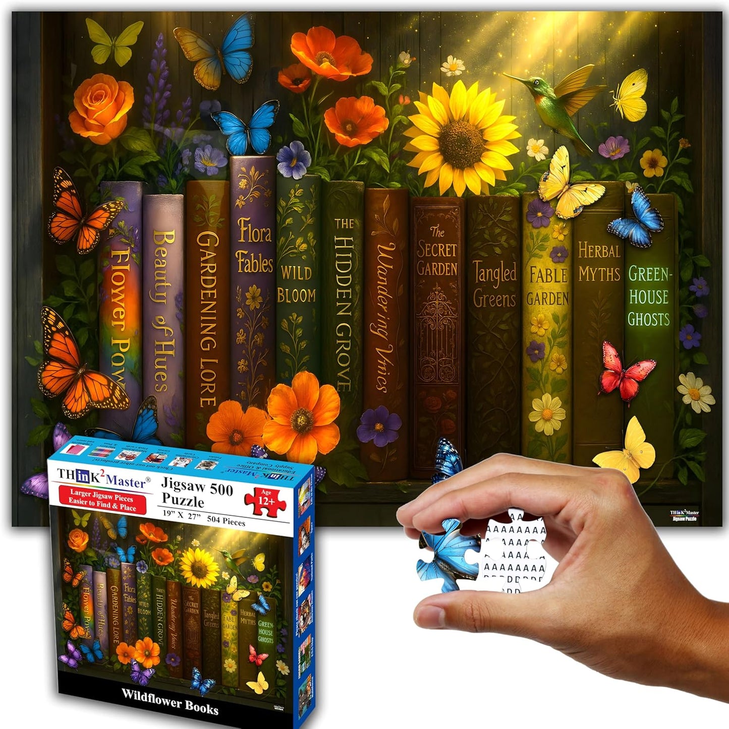 Think2Master Enchanted Library 500 pieces Large Format Jigsaw Puzzle: kids 12+, teens, adults & families. Magical Bookshelf with Butterflies & Flowers Botanical Garden. Great gift. Size: 26.8” X 18.9”