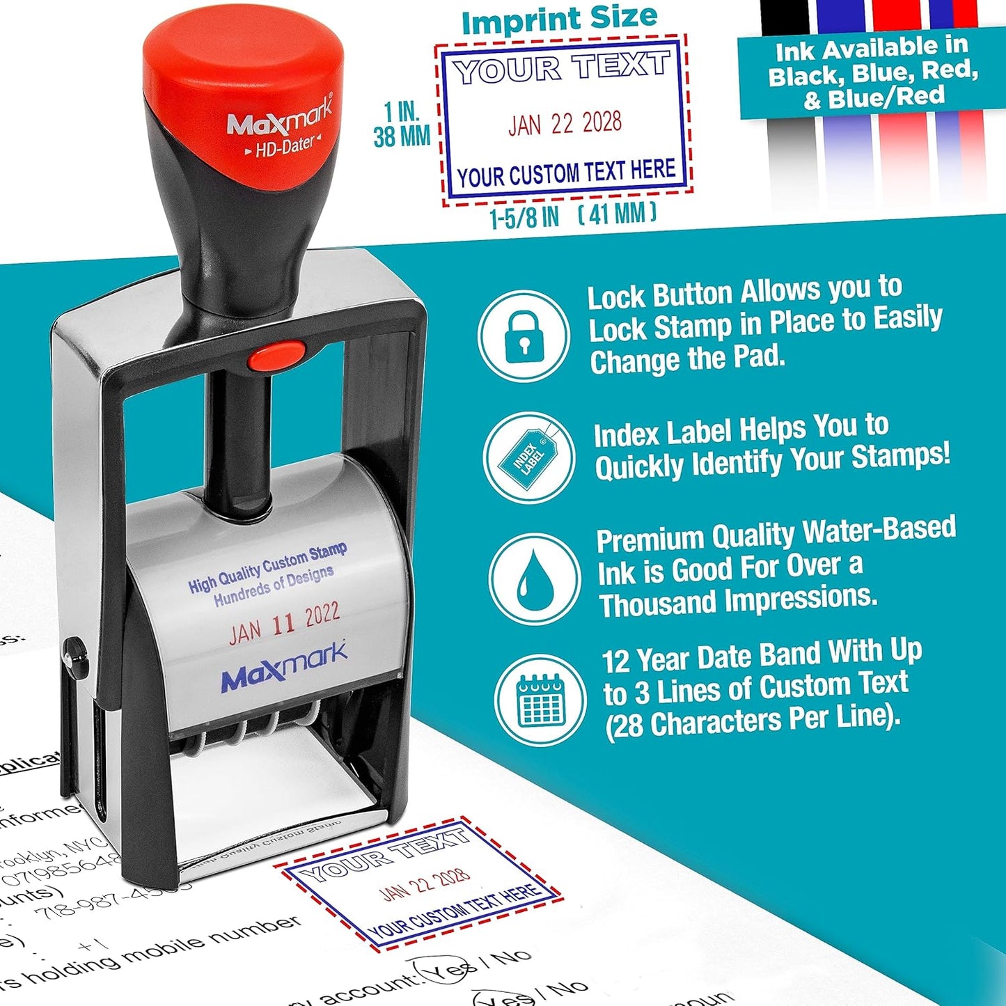 MaxMark Heavy Duty Self Inking Date Stamp with Phrase Mailed - Red Ink