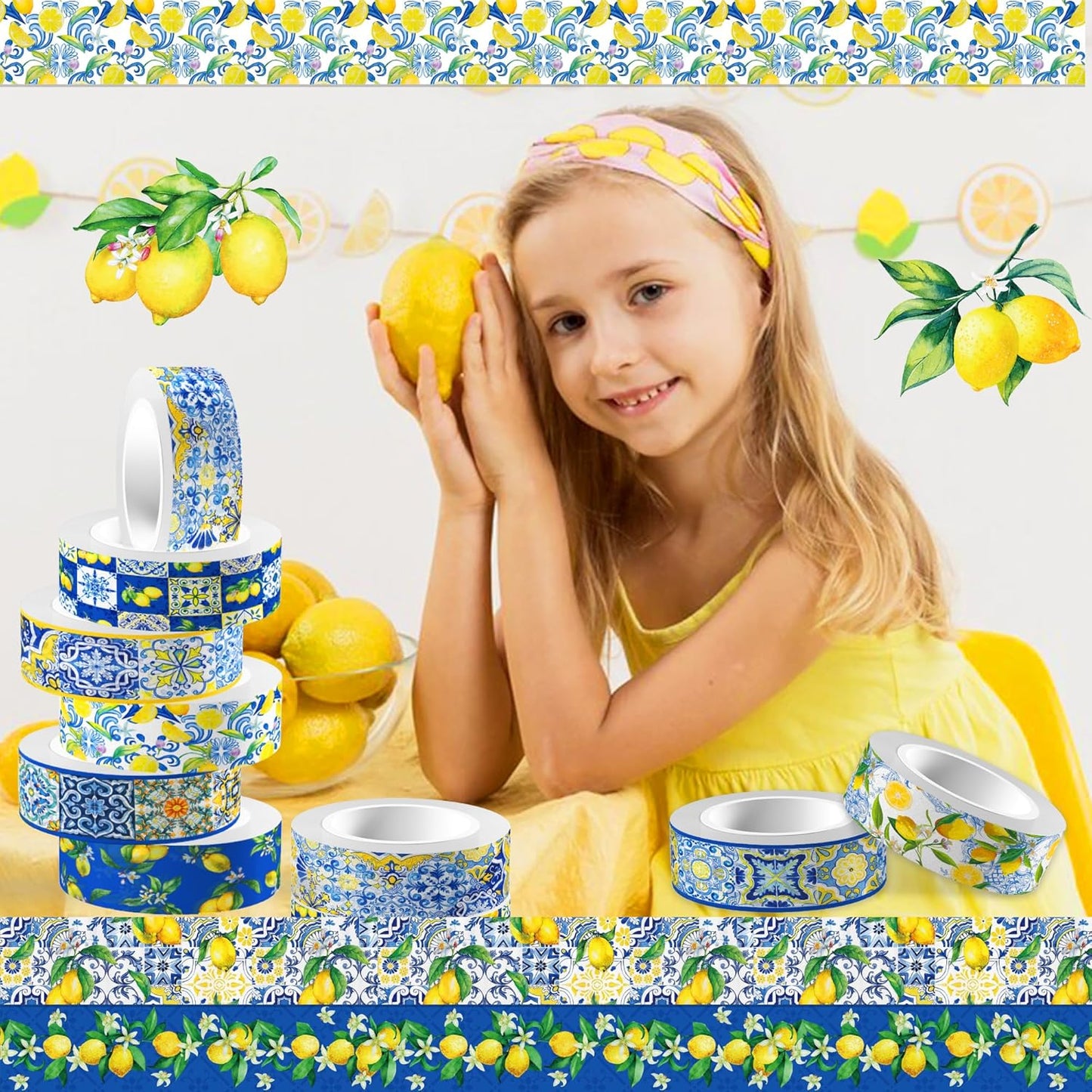Lemon Washi Tape 12 Rolls, Blue Tiles Yellow Lemon Printed Decorative Washi Tape Set, DIY Art Crafts Wrapping Decor for Gifts Wrapping,Wedding Bridal Shower