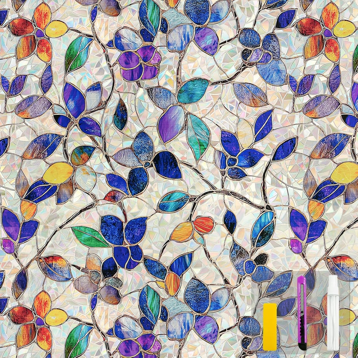 Window Privacy Film Stain Glass Window Film Rainbow Window Film Window clings Non-Adhesive Reusable Decorative for Room (Stained Leaf, 23.6 x 78.7 in)