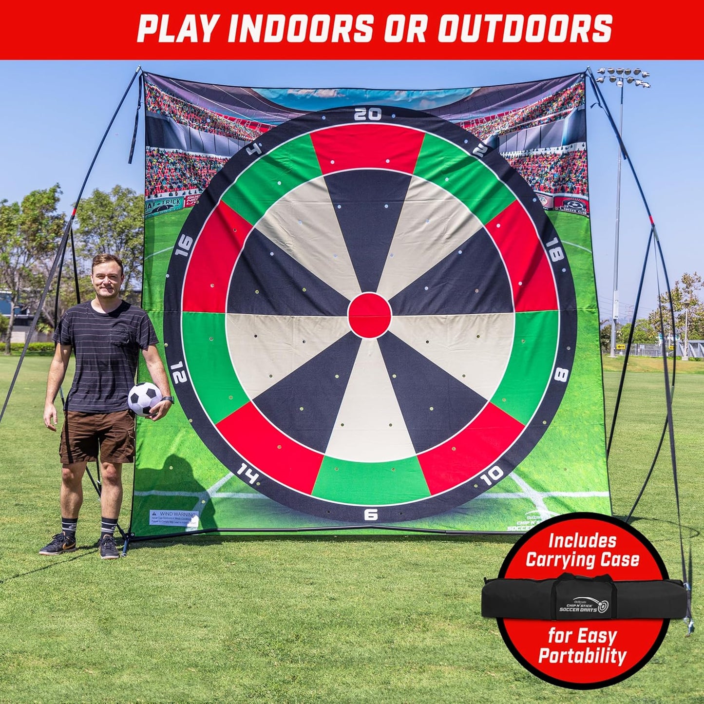 GoSports 10 FT Chip N' Stick Soccer Darts - Giant Kick Darts Game for Kids & Adults - Includes 4 Sticky Soccer Balls, Tote Bag, & Carry Case