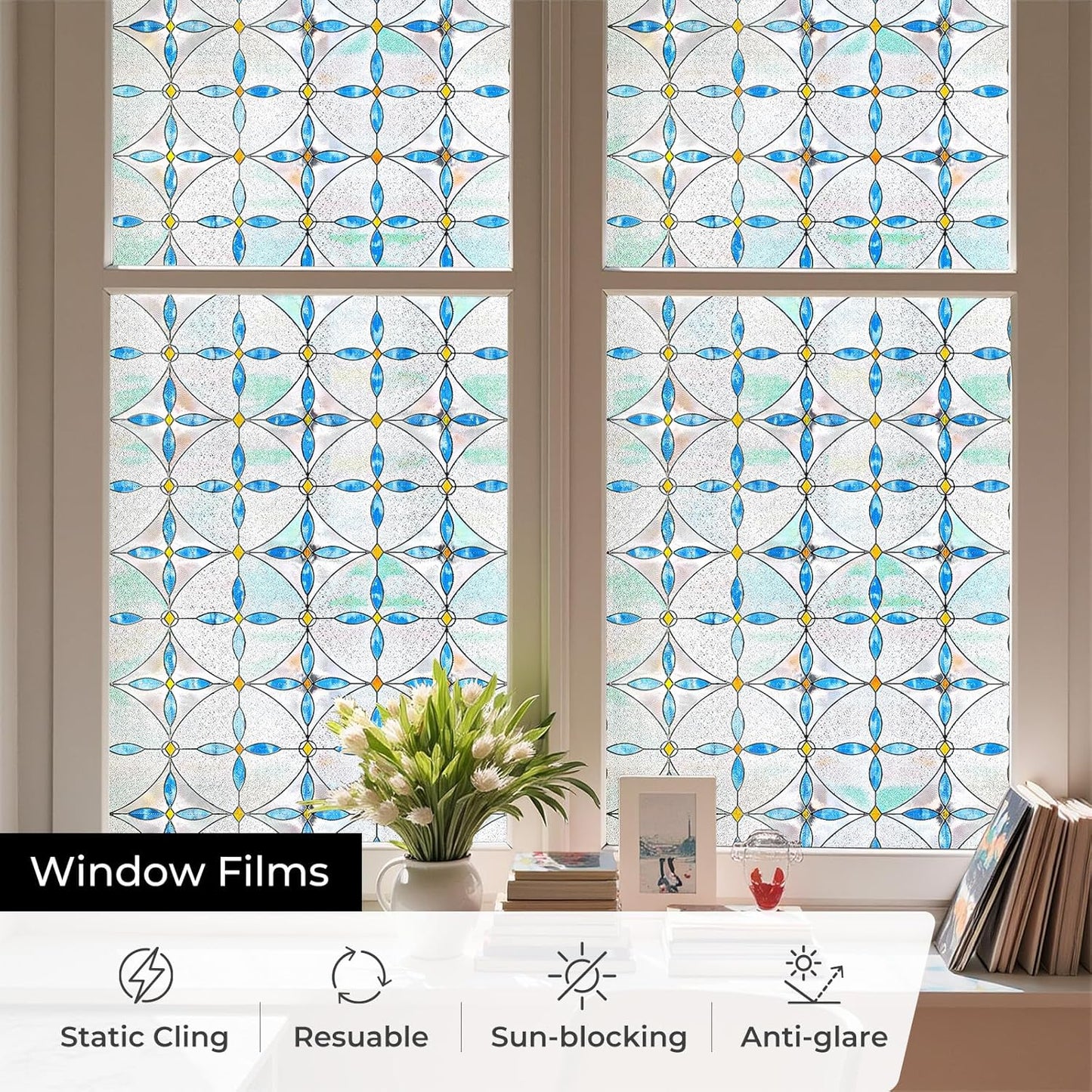 3D Stained Glass Window Film, Decorative Window Privacy Film for Bathroom,Front Door,Home, Sun Blocking Heat Control,Static Cling, Blue Tears 23.6inch x 35.4inch