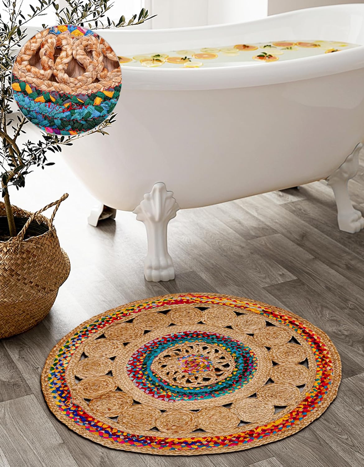 3' Round Handwoven Jute Chindi Area Rug - Colorful Boho Rugs for Living Room - Hand Braided Multicolor Bohemian Rug for Farmhouse, Bedroom, Dining Room, Classroom, Hallway, Kitchen, Office