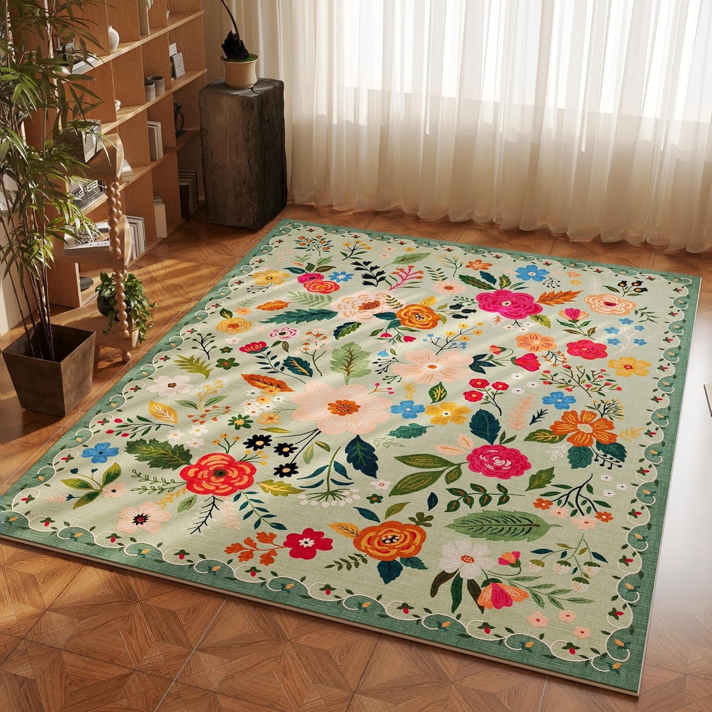 Rugcomf Bedroom Rug 3x5 Rug Washable Area Rug Non Slip Low Pile Boho Floral Small Carpet for Bedroom, Bedside, Kitchen, Entryway, Kids Room, Office, College Dorm Essentials for Girls(Green)
