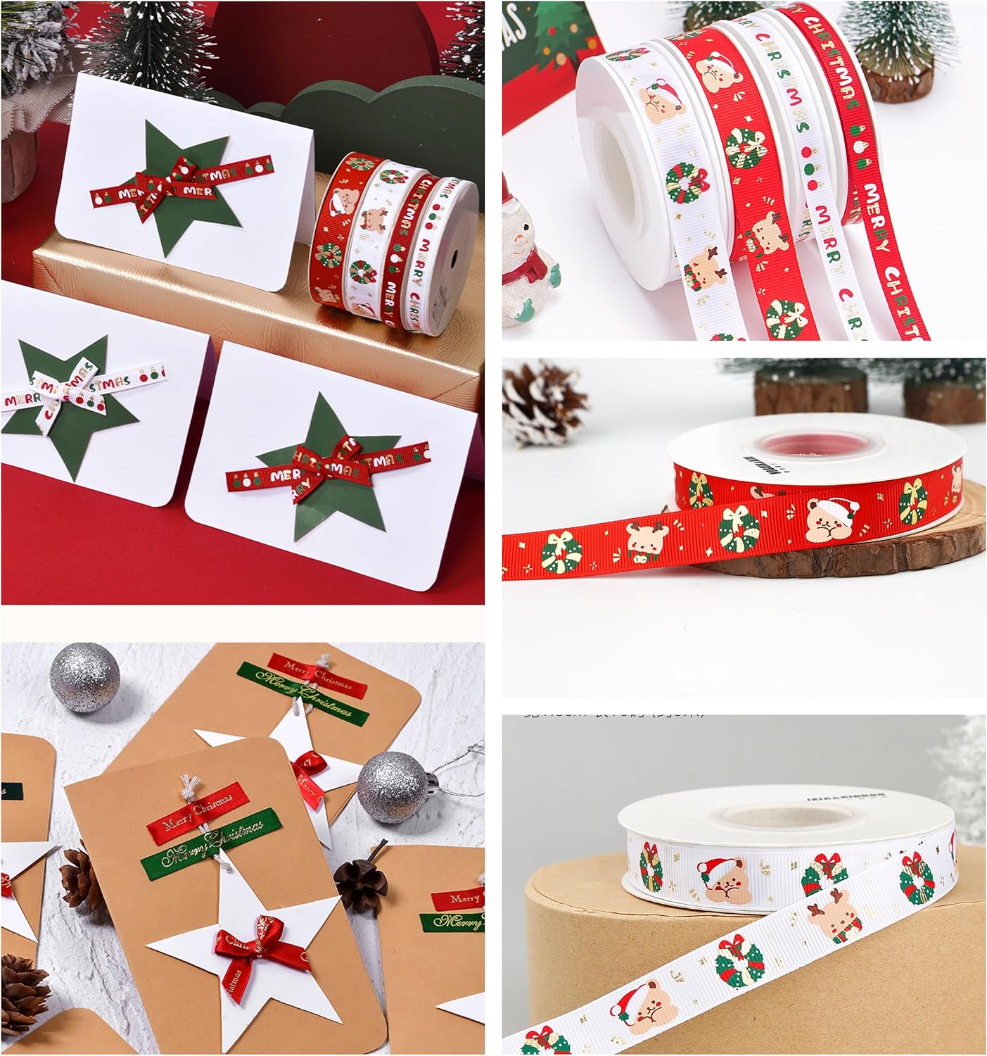 Christmas Gift Wrapping Ribbon, Red, Green, 2 Rolls Printed Grosgrain Ribbons for Crafts, Floral Bouquets, Sewing, Party and Festive Holiday Decor (2 Rolls(White/Red), 1 Rolls=5/8in * 5Yards)