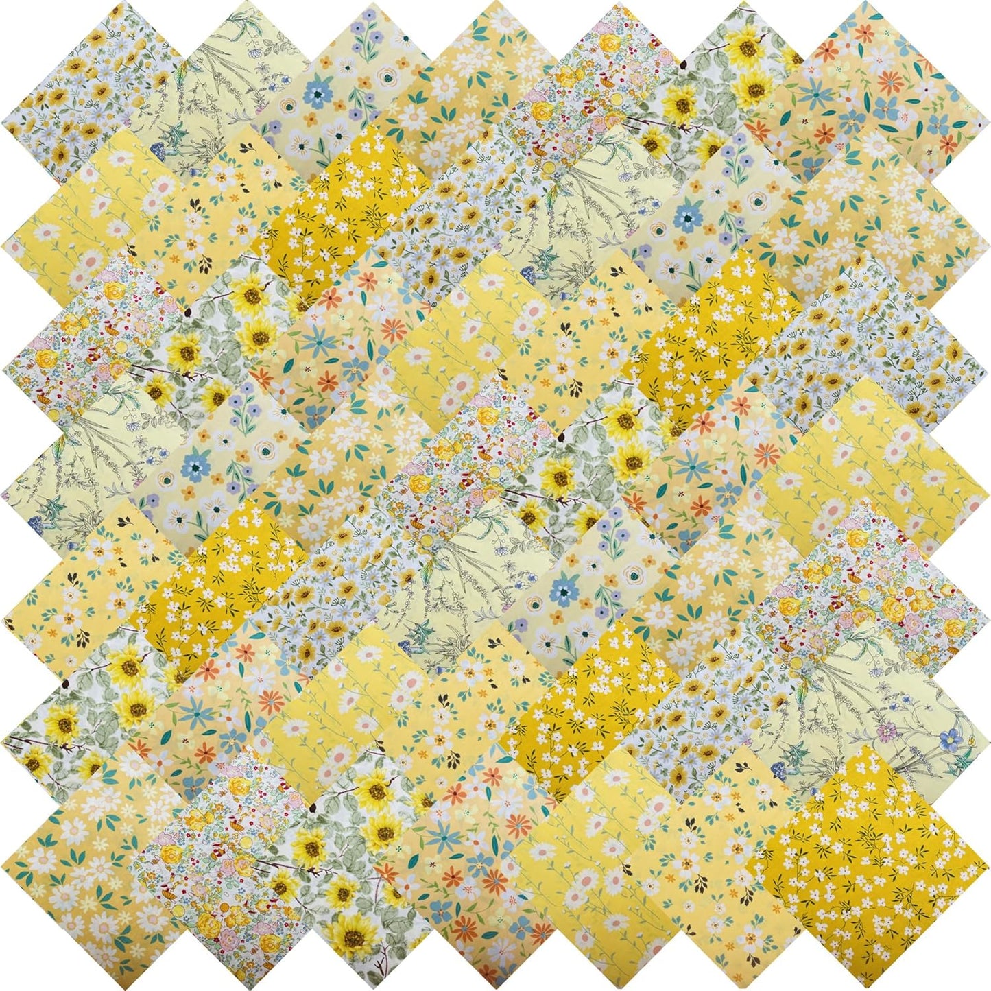HANPATQUI 50PCS 5 x 5 inch Yellow Printed 100% Cotton Fat Quarters Fabric for Sewing and Quilting Bundles Precut Fabric Square for DIY Craft Patchwork