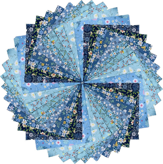 HANPATQUI 50PCS 10 x 10 inch Blue Printed 100% Cotton Fat Quarters Fabric for Sewing and Quilting Bundles Precut Fabric Square for DIY Craft Patchwork