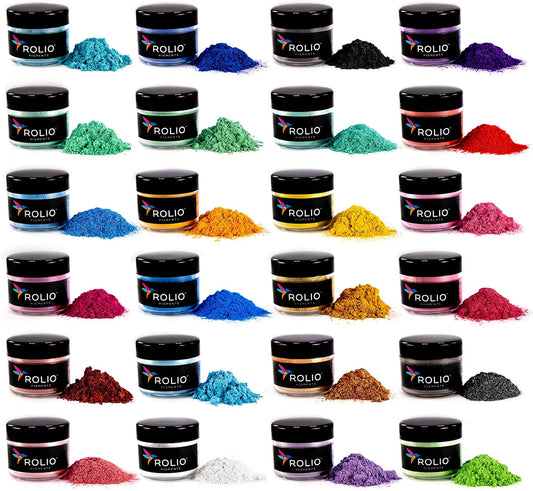Rolio Premium Mica Powder Pearlescent Color Pigment - Art Set for Epoxy Resin - for Soap Making, Nail Polish, Lip Gloss, Eye Shadow, Slime & Candle Jars - 10g, 24 Jars - (Original Set)