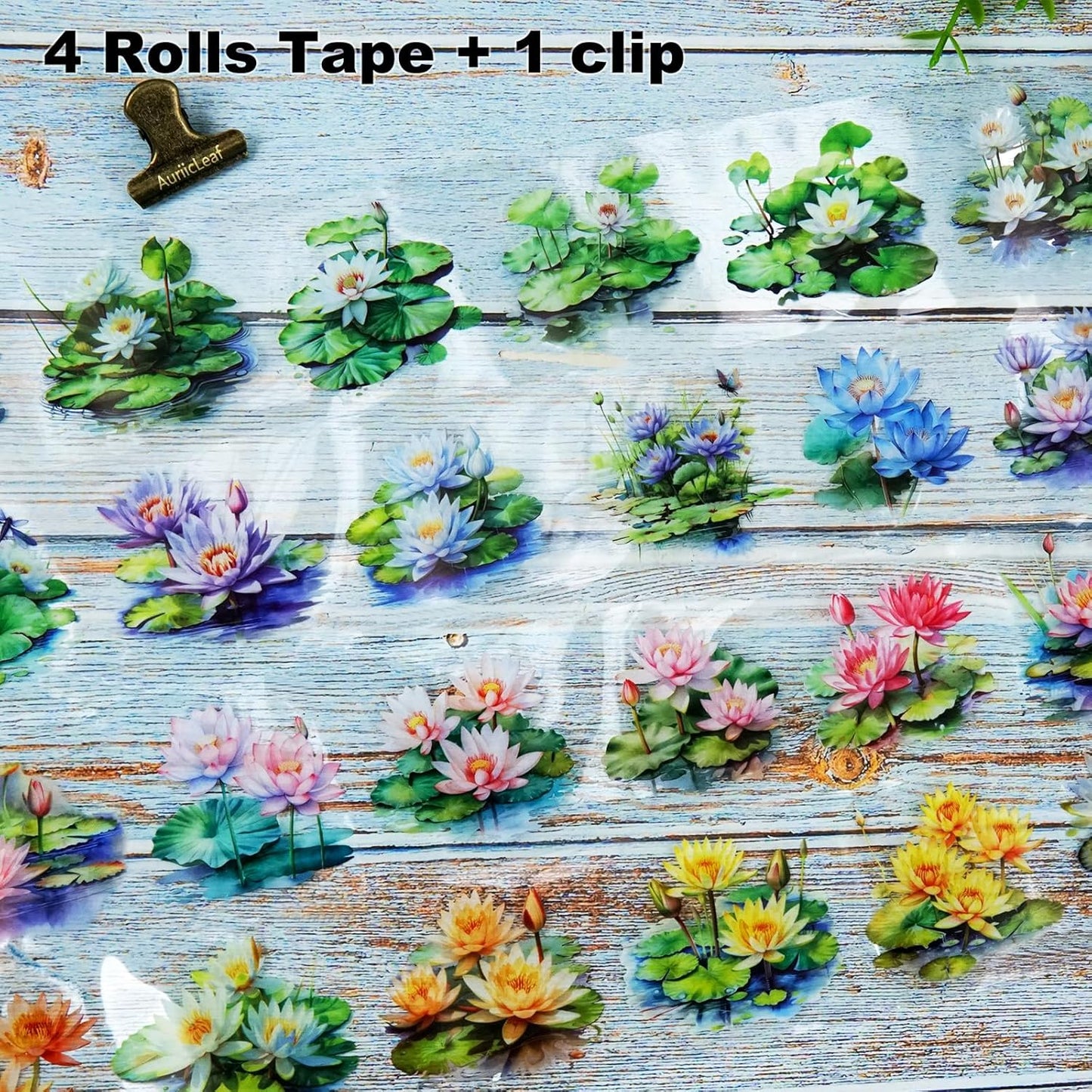 Lotus Pond PET Tape Set, 4 Rolls Pre-Cut Floral Stickers for Scrapbooking, Journaling, DIY Crafts, and Planner Decoration