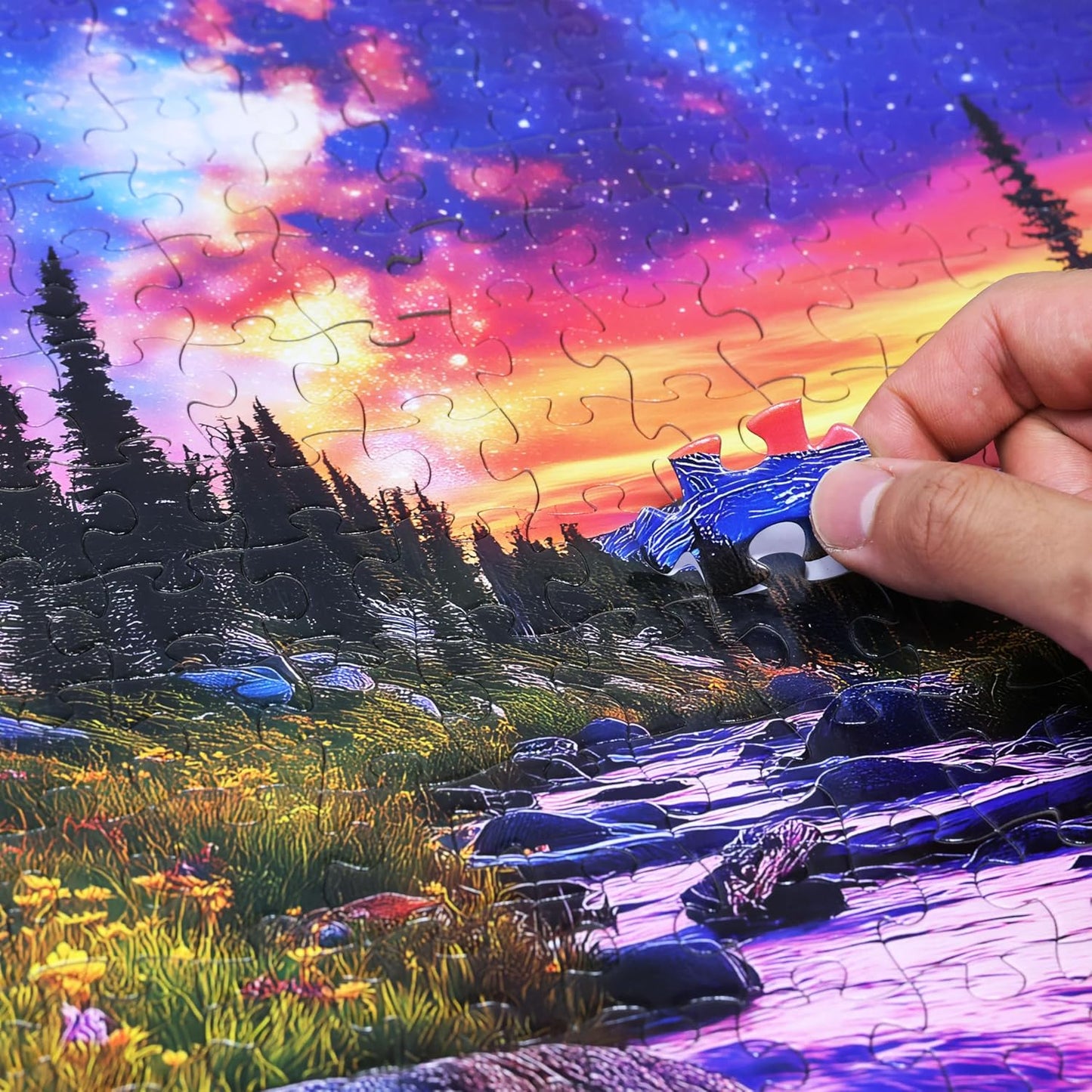 Think2Master Starry Mountain River 500 Pieces Large Format Jigsaw Puzzle: Kids 12+, Teens, Adults & Families.Vibrant Starry Night & Milkyway Landscape with Flowers. Great Gift. Size: 26.8” X 18.9”