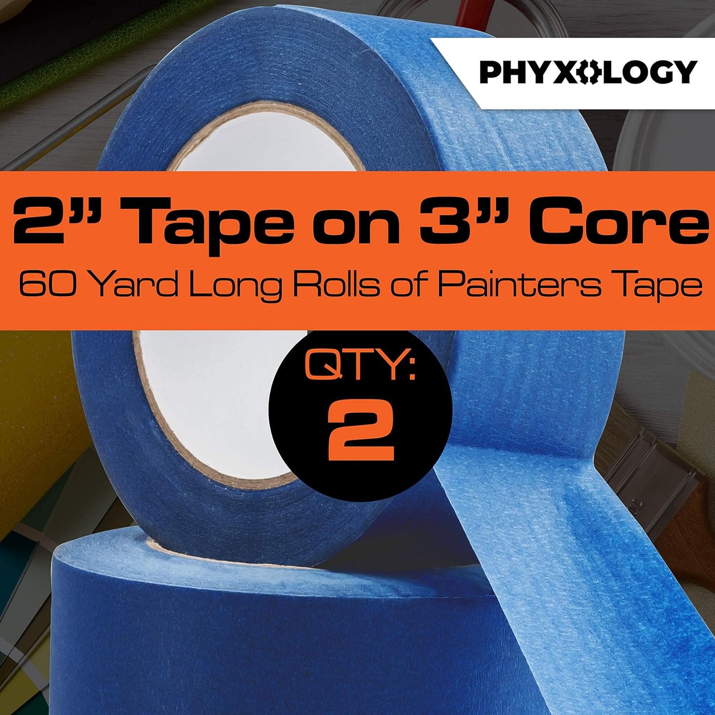 No-Residue 2 Inch, 60 Yard Blue Painters Tape 2 Pk. Easy-Tear, Pro-Grade Removable Masking Tape Great for Home, Office, Commercial Contractor. Clean, Drip-Free Painting with Wide Crepe Paper Rolls