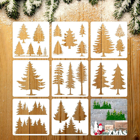 8 Pieces Pine Tree Stencils Art Painting Templates Stencils for Painting on Wood Winter Holiday DIY Wall Floor Decor Supplies (11.4 x 11.4 Inch)