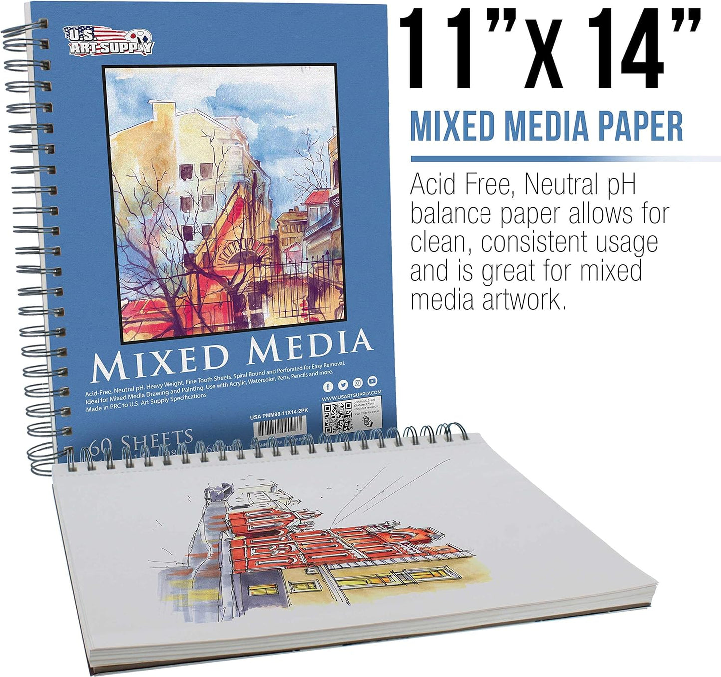 U.S. Art Supply 11"x14" Mixed Media Sketchbook, 2 Pack (60 Sheets), 98 lb (160 GSM) - Spiral-Bound Pad with Perforated Acid-Free Paper - Artist Sketch Book for Drawing, Painting, Watercolor