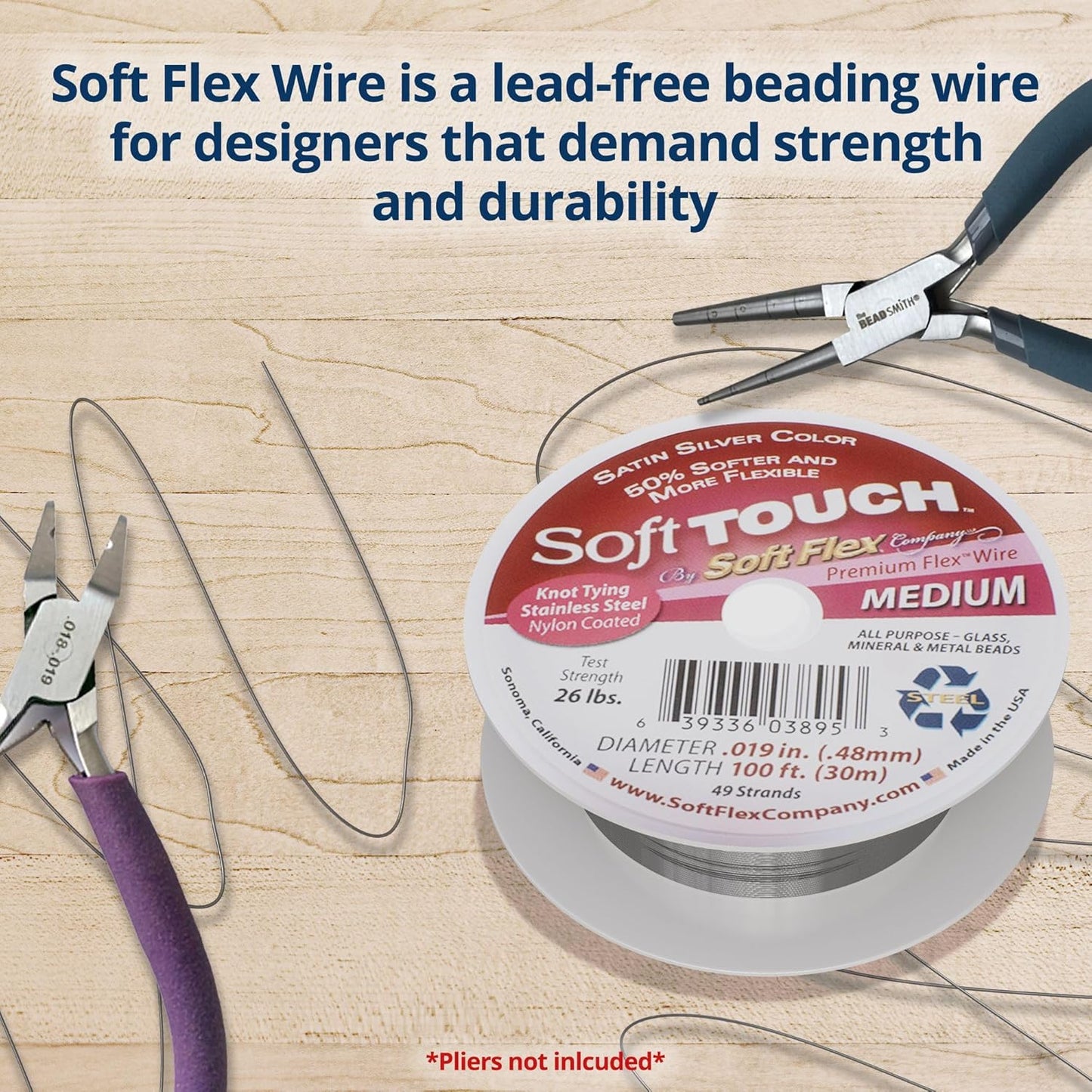 Soft Flex 49 Strand Stringing Wire - Flexible Braided - Medium 0.19 Diameter - Jewelry Making Bead Wire - Satin Silver
