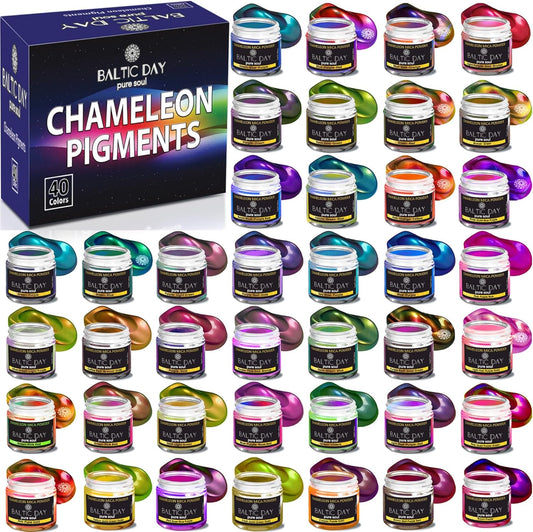 BALTIC DAY - Chameleon Mica Powder, 40 Jars of Color Shift Mica Powder Set - Chameleon Mica Powder for Resin - Chameleon Powder - Holographic Mica Powder