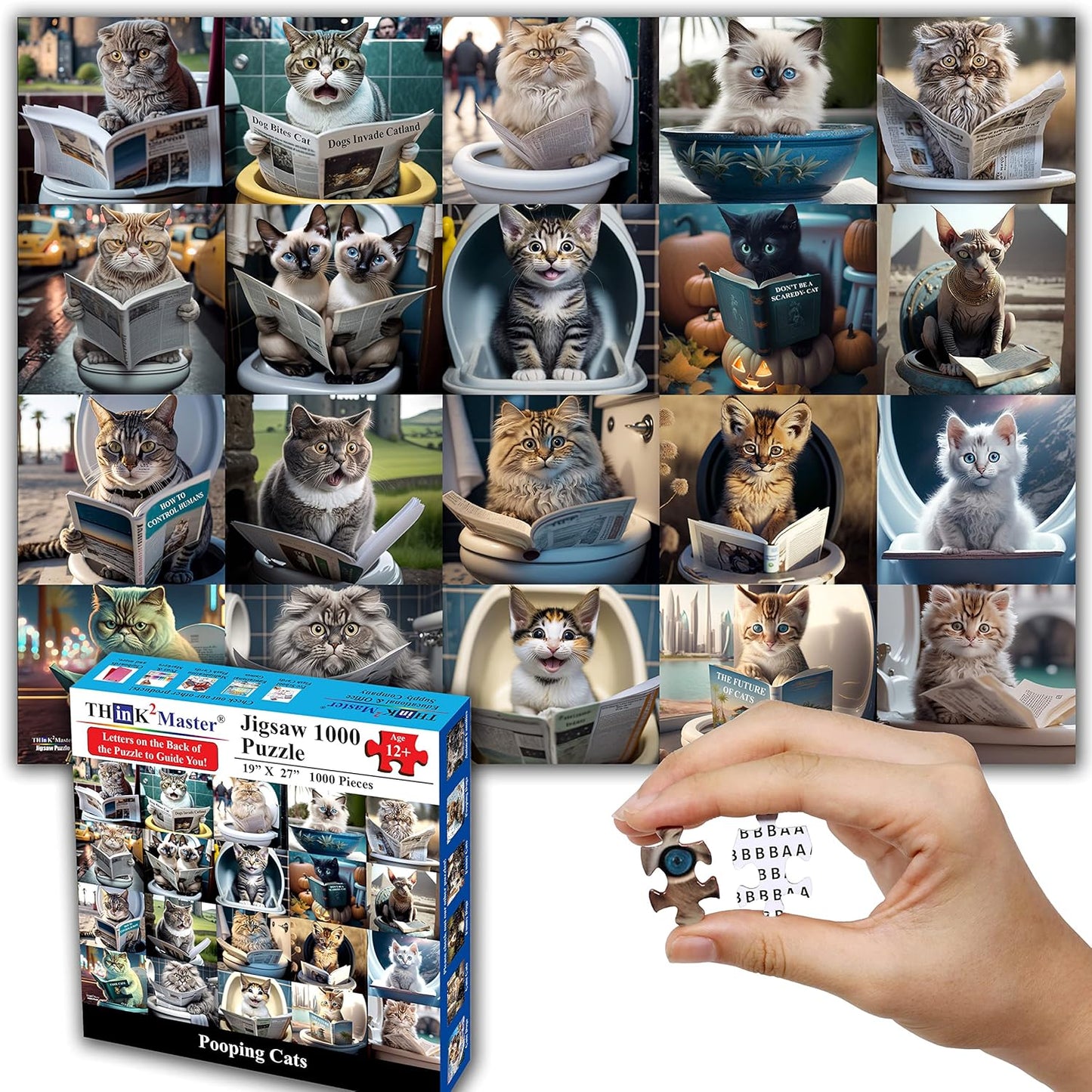 Think2Master Pooping Cats & Kittens 1000 Pieces Jigsaw Puzzle. Perfect Bathroom Decoration, Gag Gift. Fun for Teens, Seniors & Families. Great Gift for Kids Ages 13+. Size: 26.8” x 18.9”