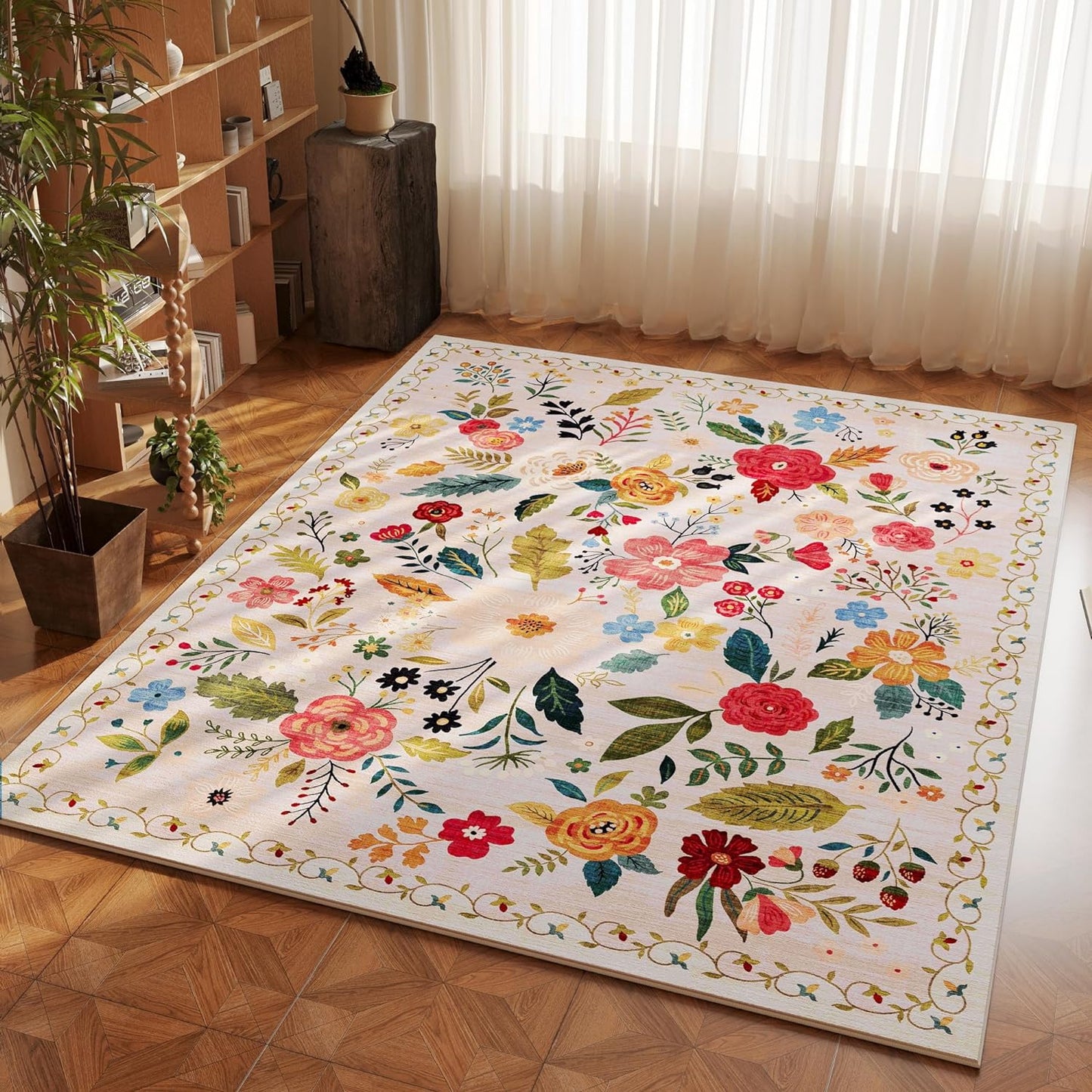 Rugcomf Area Rug 4x6 Rug Washable Boho Rugs Non Slip Low Pile Floral Small Carpet for Bedroom, Bedside, Kids Room, Office, Dining Room(Beige)