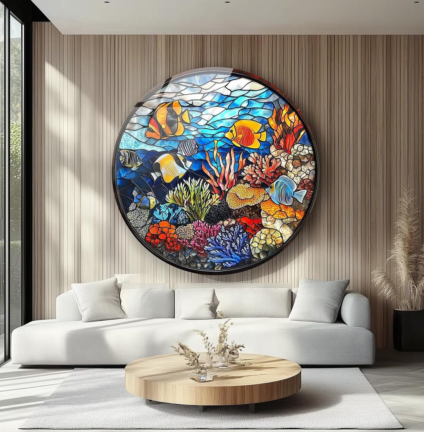 My Photostation.com 39,4''(100cm) Diameter Coral Reef Mosaic Round Glass Wall Art Tempered Glass Printing Wall Decor Large Wall Art Wall Hangings