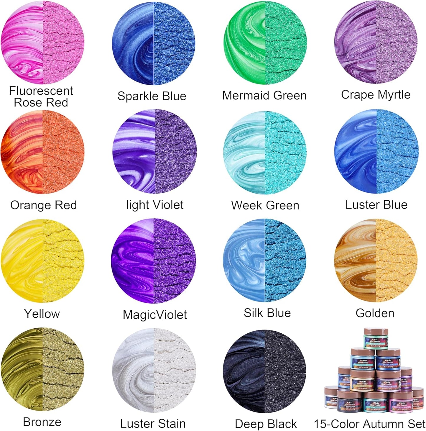 MTBJZJ Mica Powder for Resin, 15 Colors - 20g/Bottle of Epoxy Resin Color Pigment,for Candle Dye, Lip Gloss Pigment, Soap Making, Slime Colorant, Paint, Bath Bombs,Nail Polish and Eye Shadow