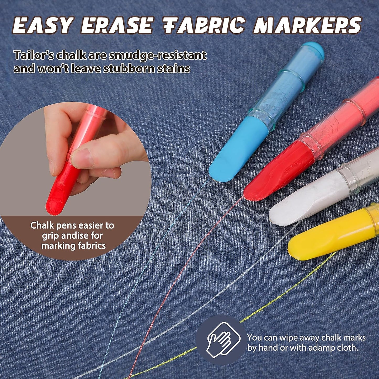 Fabric Chalk Markers for Sewing,Quilting,Crafting|Erasable Tailor’s Chalk|Work on Various Fabrics|Dosing Wheel Drawing Intricate Patterns Precise Lines-Per Pack(Red,Blue,White and 1 Ruler)