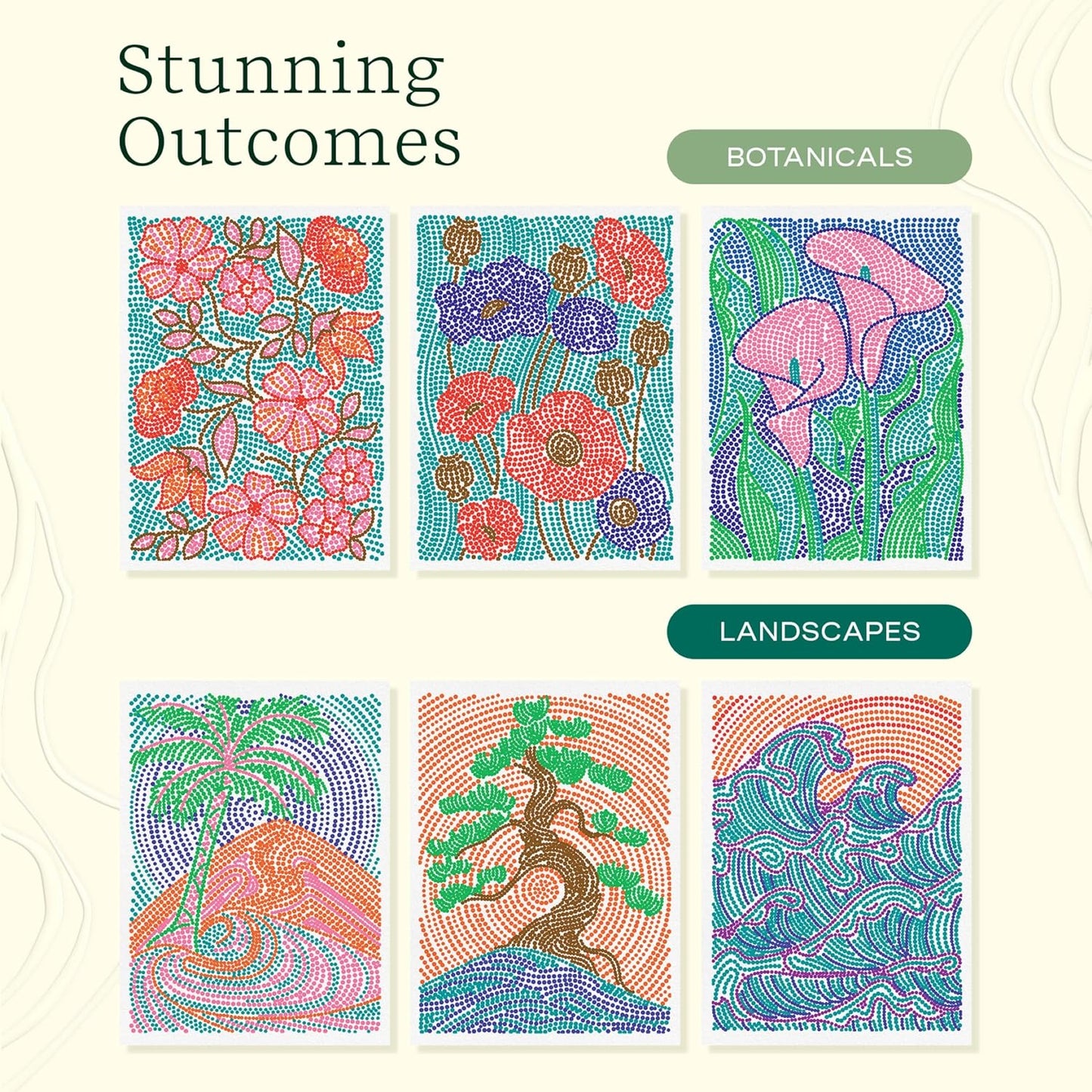 Lifelines FlowArt Activity Pad, 2-Pack - Guided Dot Art Meditations with Markers - Dot-by-Letter, Botanicals & Landscapes - Color by Number/Letter Coloring Books for Teens, Adults & Seniors