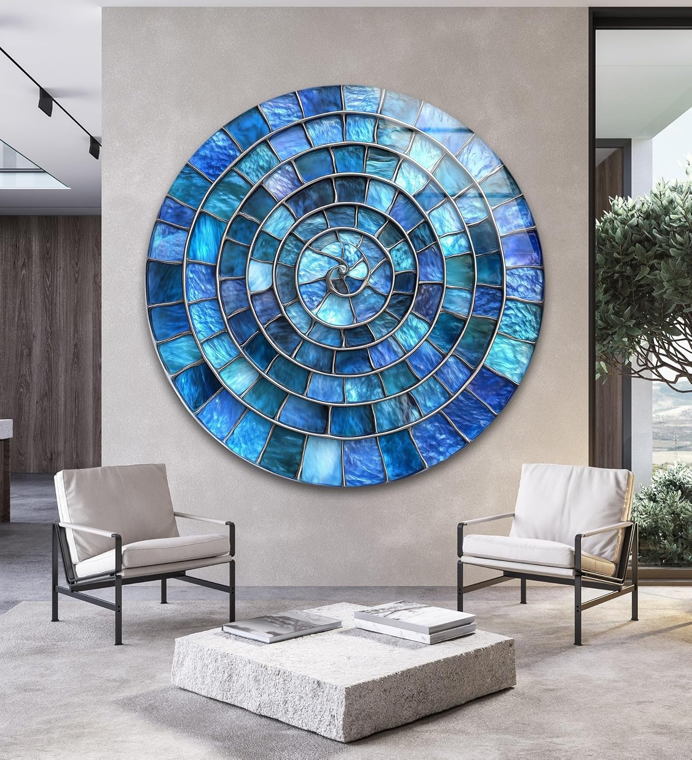 My Photostation.com 24''(60cm) Diameter Blue Aqua Spiral Harmony Round Glass Wall Art Tempered Glass Printing Wall Decor Large Wall Art Wall Hangings