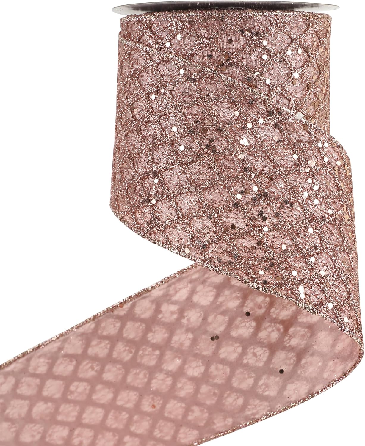 HUIHUANG Rose Gold Christmas Ribbon 4 inch Rose Gold Glitter Wired Ribbon Diamond Mesh Wire Ribbon for X-mas Tree Decorations, Wreaths, Garland, Large Bows Making, Home Decor -10 Yards