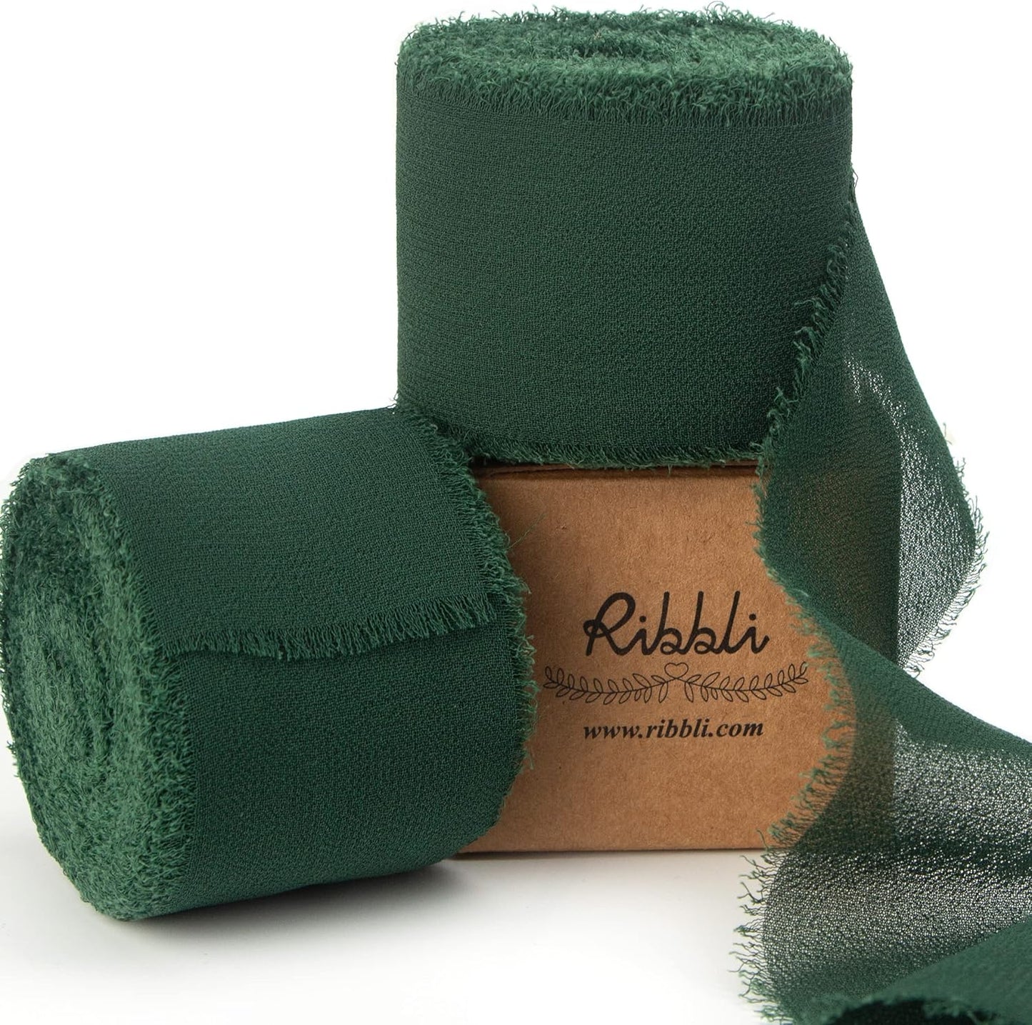 Ribbli Forest Green Chiffon Ribbon 1-1/2 inch x 20 Yard Handmade Fringe Chiffon Silk Ribbon,Black Ribbon for Wedding Invitations, Bridal Bouquets Wrapping, Flower Arrangement Decoration