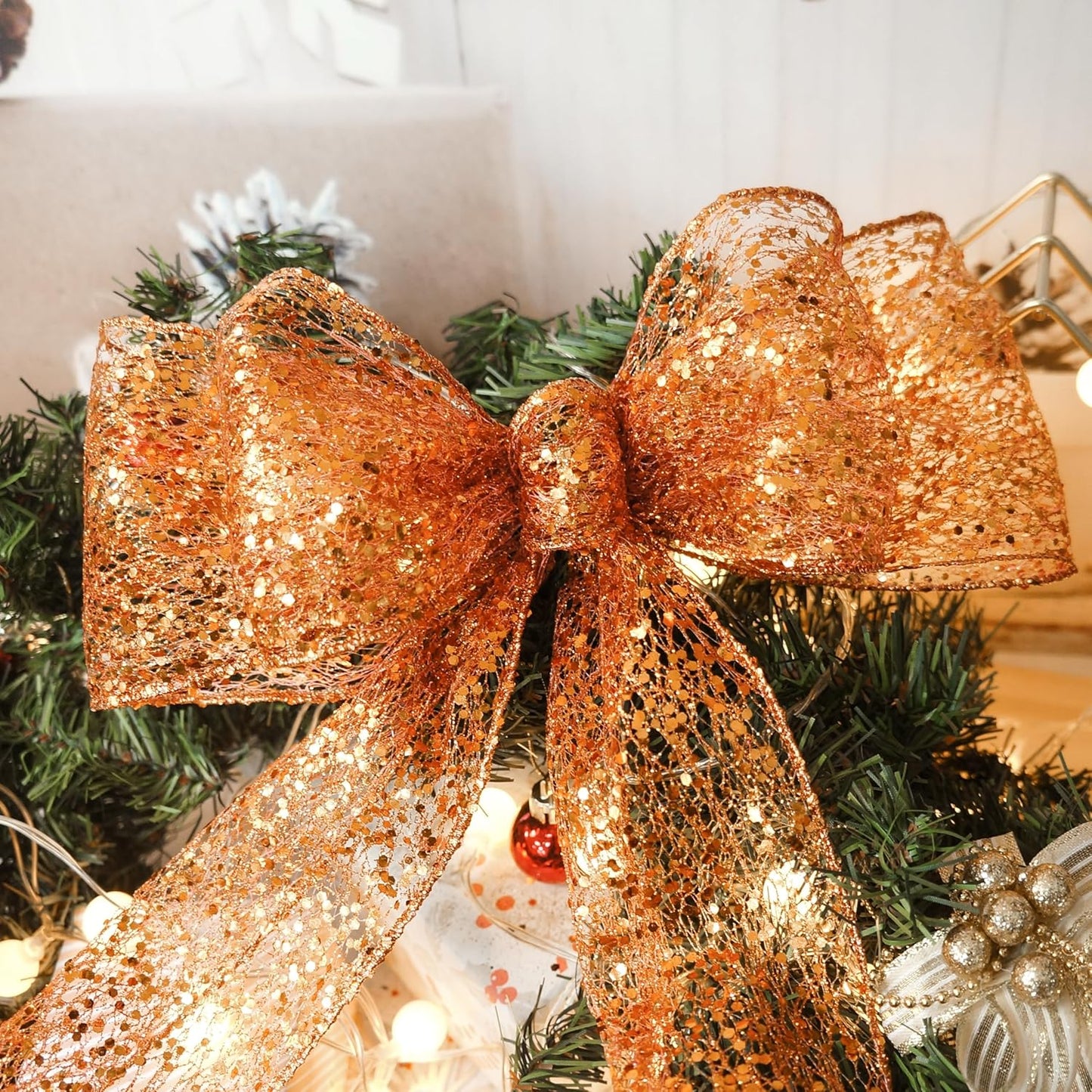 CT CRAFT LLC Sparkling Glitter Mesh Wired Ribbon 4" x 10 Yards Bronze Orange for Christmas Home Decor Bow Gift Wrapping DIY Crafts Wreath