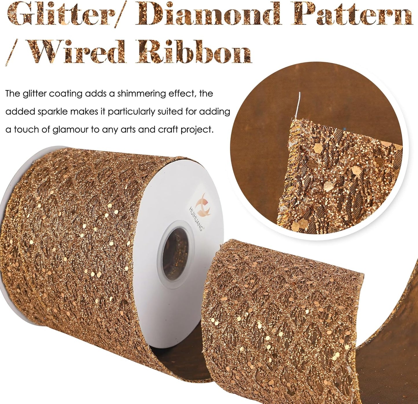 HUIHUANG Copper Wired Ribbon 4 inch Glitter Christmas Wired Ribbon Diamond Mesh Wire Ribbon for X-mas Tree Decorations, Wreaths, Garland, Large Bows Making, Thanksgiving Fall Decor -10 Yards