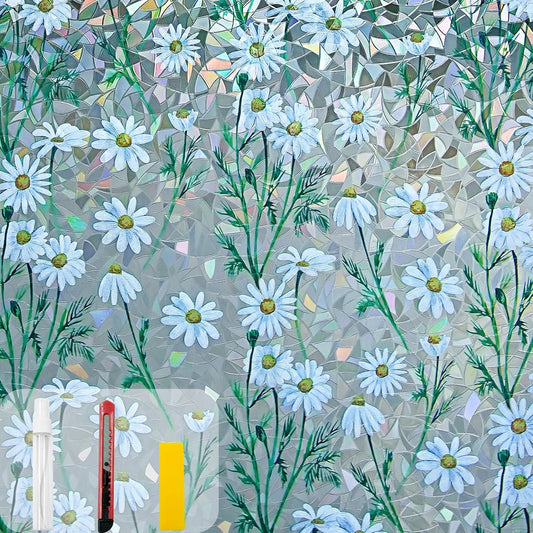 Window Privacy Film Stain Glass Window Film Rainbow Window Film Window clings Non-Adhesive Reusable Decorative for Room (Daisy Rainbow, 45.2 x 78.7 in)