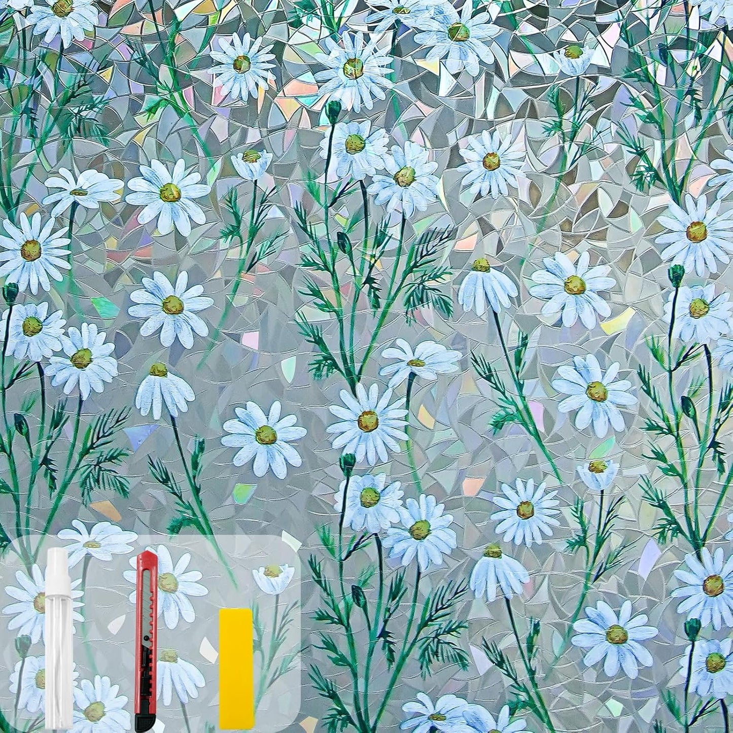 Window Privacy Film Stain Glass Window Film Rainbow Window Film Window clings Non-Adhesive Reusable Decorative for Room (Daisy Rainbow, 35.4 x 78.7 in)