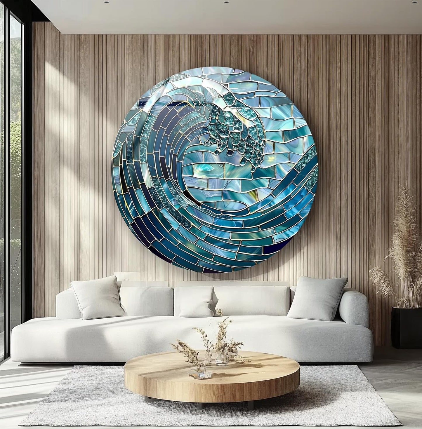 My Photostation.com 31.5''(80cm) Diameter Ocean Wave in Blue Mosaic Round Glass Wall Art Tempered Glass Printing Wall Decor Large Wall Art Wall Hangings
