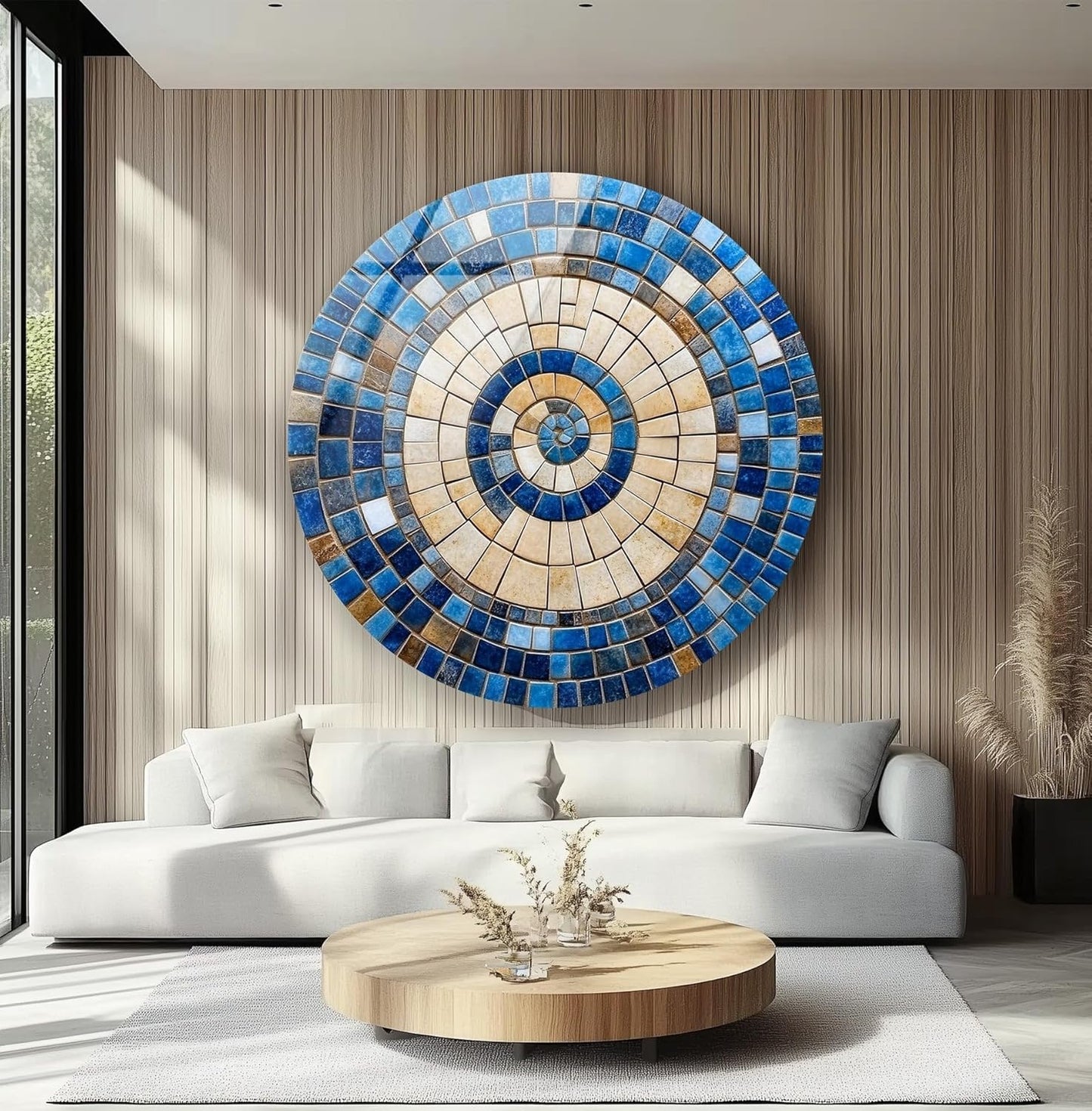 My Photostation.com 10''(25cm) Diameter Coastal Sunburst Beige & Blue Round Glass Wall Art Tempered Glass Printing Wall Decor Large Wall Art Wall Hangings