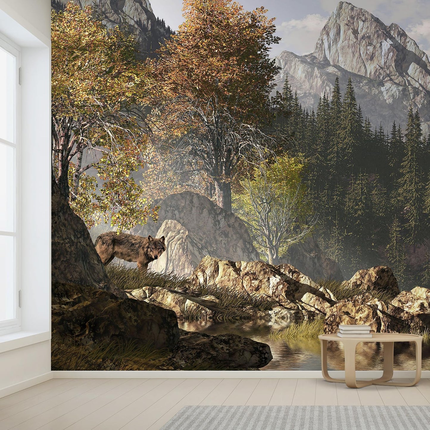 wall26 Wolf Near a Lake in a Rocky Mountain Landscape. Removable Wall Mural | Self-Adhesive Large Wallpaper - 96x120 inches