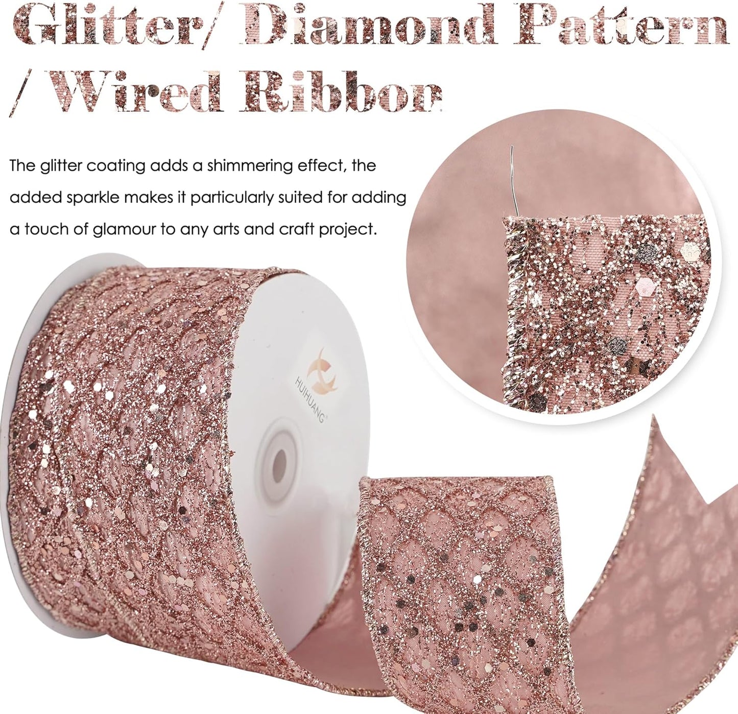 HUIHUANG Rose Gold Glitter Wired Ribbon for Christmas Tree 2.5 inch Rose Gold Diamond Mesh Ribbon for Tree Decoration, Wreaths, Garland, Gift Wrapping, Bows Making, Home Decor -10 Yards