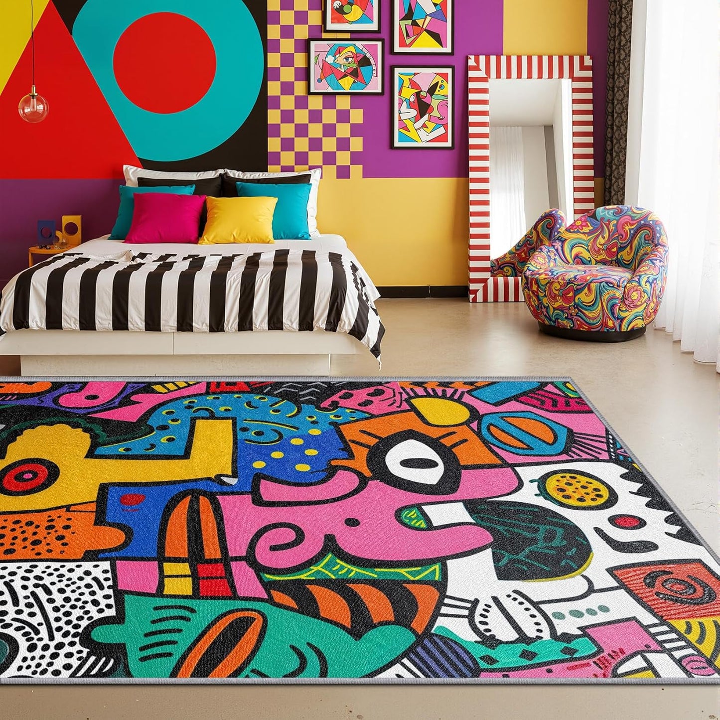 Colorful Living Room Rug - Abstract Rug, 7x9 Area Rugs, Pop Art Graffiti Multicolor Washable Foldable Large Carpet Home Decor