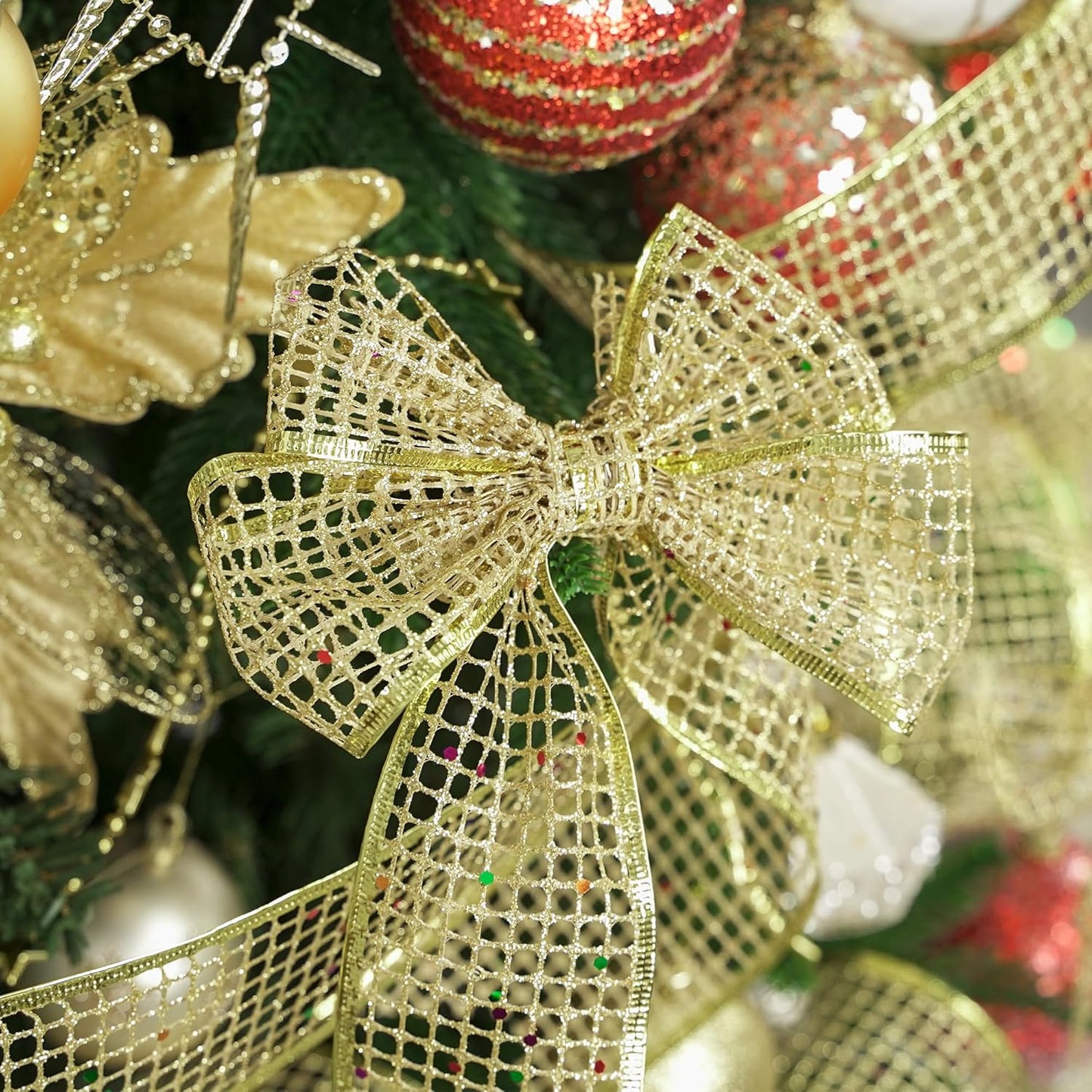 MEEDEE Gold Glitter Ribbon Gold Christmas Ribbon 2.5 Inch Square Mesh Net Wired Ribbon with Rainbow Sparkle Gold Wired Ribbon Gold Ribbon for Christmas Tree Decoration, Wreath Bow Making (10 Yards)