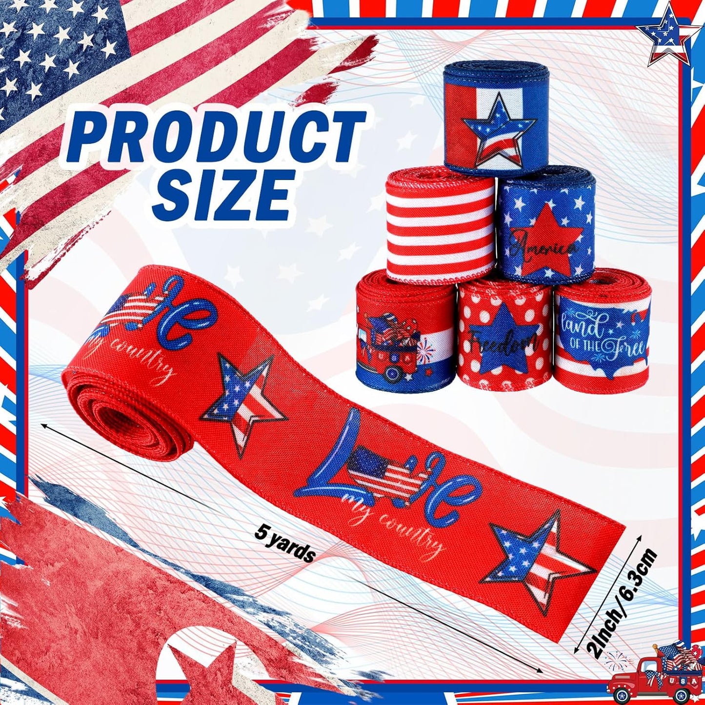 12 Rolls 60 Yards 4th of July Patriotic Ribbon Stars and Stripes Burlap Wired Edge Ribbon White Blue Red Decorative Crafts for Independence Day Memorial Day Gift Wrapping DIY Bow Craft