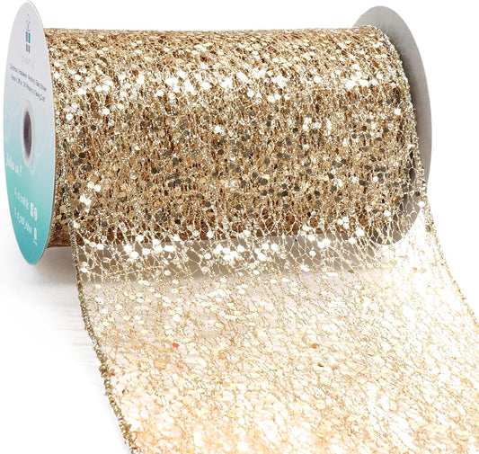 CT CRAFT LLC Sparkling Glitter Mesh Wired Ribbon 6" x 10 Yards Champagne Gold for Christmas Home Decor Bow Gift Wrapping DIY Crafts Wreath
