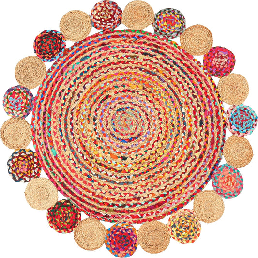 4' Round Handwoven Jute Chindi Area Rug - Colorful Boho Rugs for Living Room - Hand Braided Multicolor Bohemian Rug for Farmhouse, Bedroom, Dining Room, Classroom, Hallway, Kitchen, Office