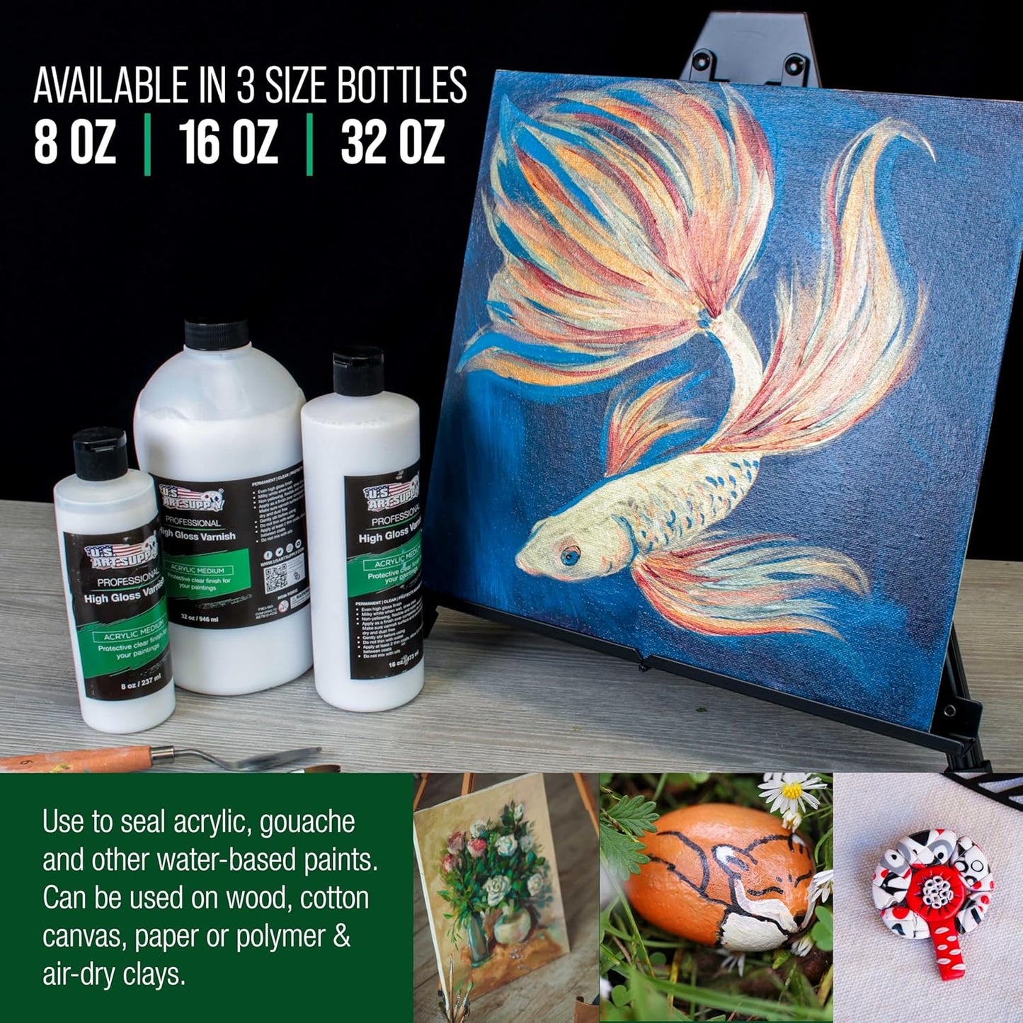 U.S. Art Supply 32 oz High Gloss Varnish for Acrylic Paintings - Clear Protective Finish with UV Protection