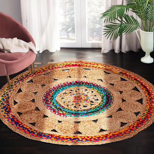 6' Round Handwoven Jute Chindi Area Rug - Colorful Boho Rugs for Living Room - Hand Braided Multicolor Bohemian Rug for Farmhouse, Bedroom, Dining Room, Classroom, Hallway, Kitchen, Office