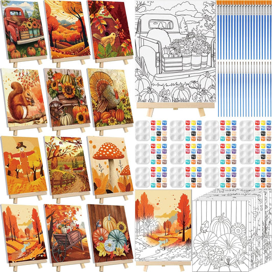 Zhanmai 12 Pack Pre Drawn Canvas for Painting Sip and Paint Kit 8" x 10" Paint Party Set Canvas Painting Pre Printed Canvases for Party Favor DIY Virtual Adult's Date Night(Fall Thanksgiving)