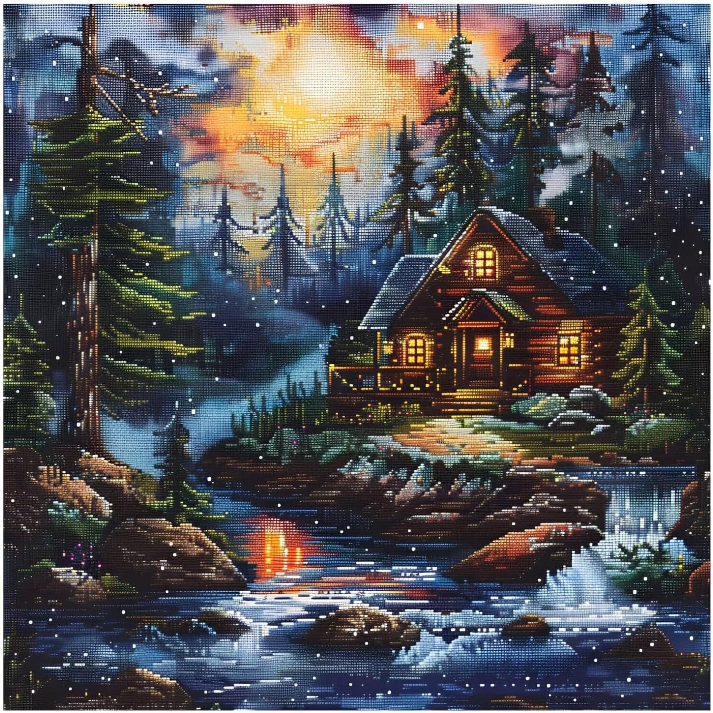 Xinpinzhou Creek Landscape 11ct Cross Stitch Kits, 11 CT Funny Pre Printed Counted Stamped Cross Stitch Embroidery Needlepoint Needlework Patterns Kits for Beginners Adults Crossstitch 40x40 cm