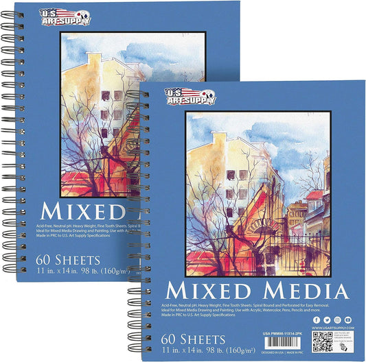 U.S. Art Supply 11"x14" Mixed Media Sketchbook, 2 Pack (60 Sheets), 98 lb (160 GSM) - Spiral-Bound Pad with Perforated Acid-Free Paper - Artist Sketch Book for Drawing, Painting, Watercolor