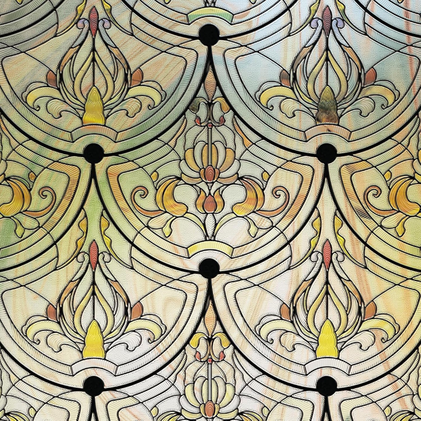 3D Stained Glass Window Film, Decorative Window Privacy Film for Bathroom,Front Door,Home, Sun Blocking Heat Control,Static Cling, Golden Ironwork 35.4inch x 78.7inch