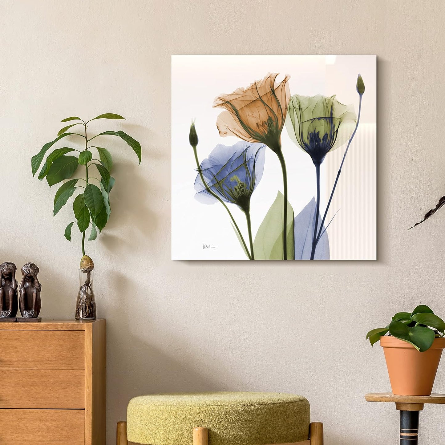 Empire Art Direct Frameless Free Floating Tempered Glass Panel Graphic Wall Art Ready to Hang, 24" x 24", Gentian Buddies, Multi-color Flower